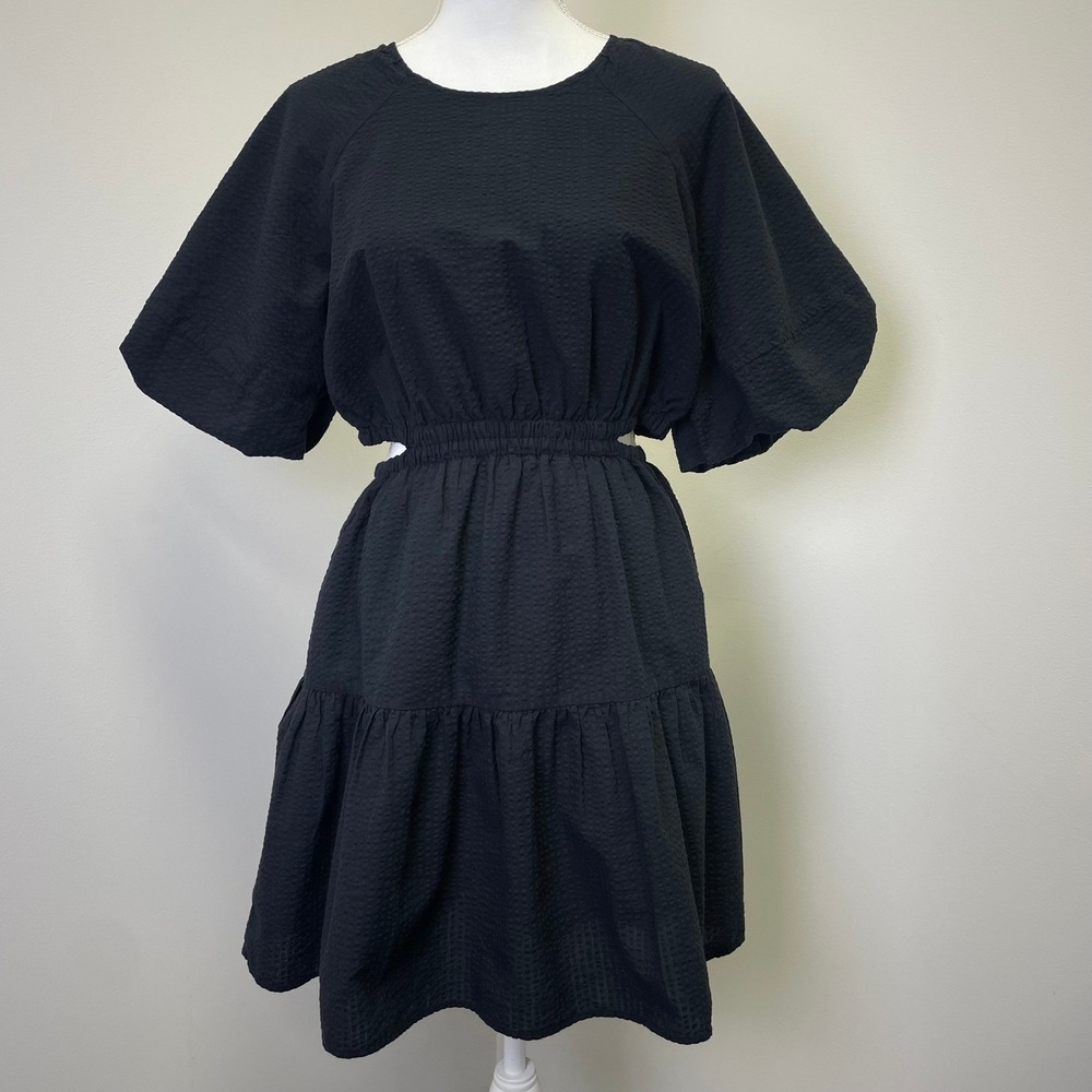 Madewell Black Seersucker Cutout Tiered Mini Dress Puff Sleeve Size M
